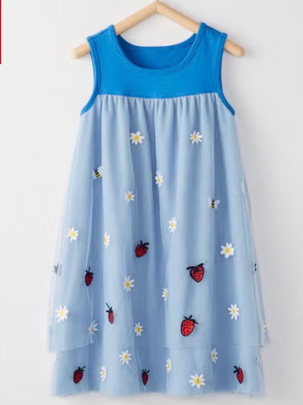 NWOT Hanna Andersson Spring Art Dress Blue Moment Strawberry, Daisy Bee Appliqué